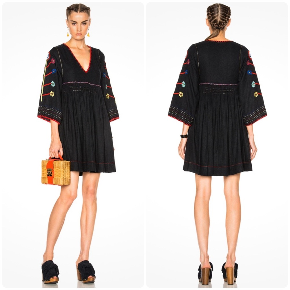 ULLA JOHNSON Masha Floral Embroidered Silk Pleated Tunic Dress Midnight